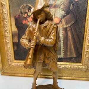 Vintage ernst Huber Wood Carving Bavarian Man Playing Flute About 10” Tall